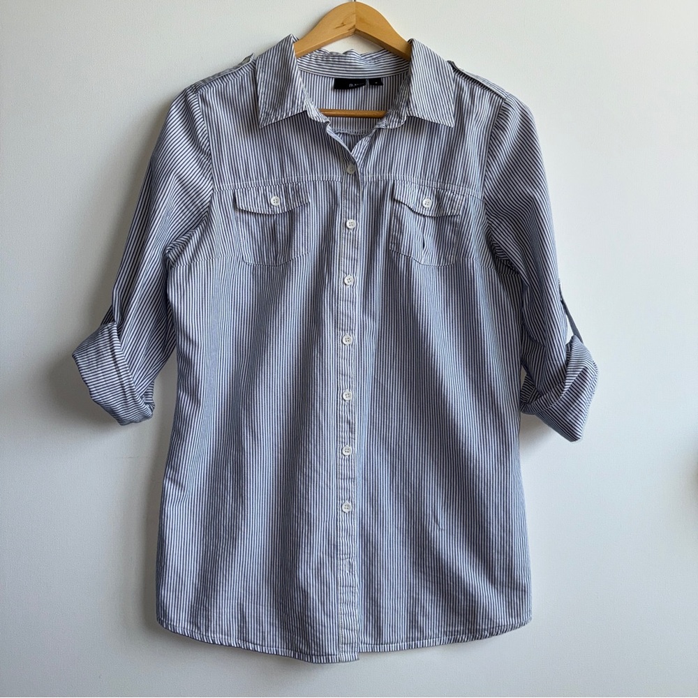 a.n.a Blue & White Striped Button Up Shirt Cotton Coastal Cottage Size Medium